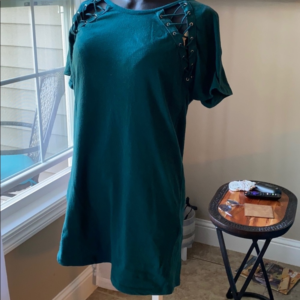 An aqua colored t-shirt dress